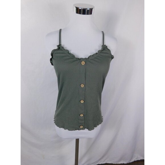 Green Ribbed Button Front Cami Tank Top Womens Medium Lettuce Hem - Picture 1 of 12